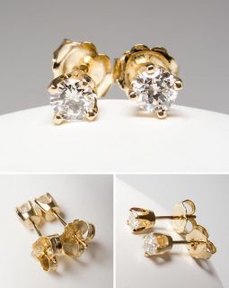 Genuine Round Brilliant Diamond Stud Earrings Solid 14k Gold Fine