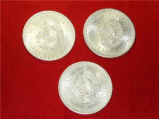 Group of Three 1948 Cuauhtemoc 90 Silver Aztec Cinco Pesos Mexico Mint