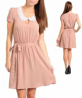  Sleeve Above Knee Mini Day Evening Dress Sequin Lace Collar Peach S L