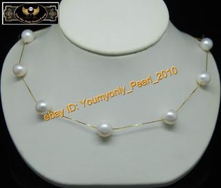  18K Yellow Gold Natural 9 10mm AAA White Pearl Necklaces 16inch