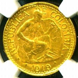 1919 Colombia Gold Coin 5 Pesos STONECUTTER NGC RARE