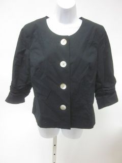 DEBRA DEROE Black Cotton Linen 3 4 Ruched Sleeve Crew Neck Jacket