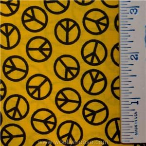  Black PEACE SIGN on Yellow DAVID Textiles Cotton Blend FABRIC 1/2 YD