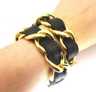 CC Skye Gold Chain Black Leather Double Wrap Bracelet