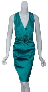David Meister Emerald Stretch Satin Rhinestone Cocktail Eve Dress