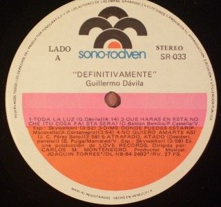 Guillermo Davila Definitivamente Sono Rodven 1984 RARE