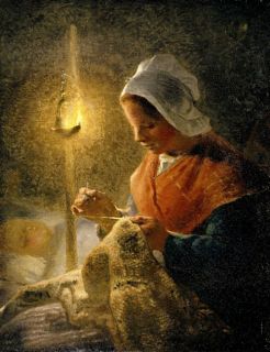  Sewing by Lamplight by Jean Francois Millet, 1870 (classic French art
