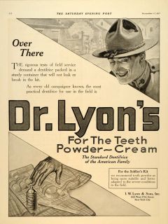 1917 Ad Dr. Lyon Teeth Powder Cream Dental Care Soldier   ORIGINAL