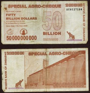 50 Billion Dollars Zimbabwe Bank Note Agro cheque P63