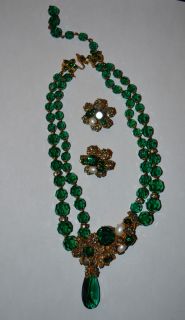 Vintage Signed De Mario Emereld Green 2 Strand Necklace & Matching