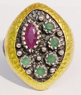 Designers Two Tone Ruby Emerald Silver Ring Size 9