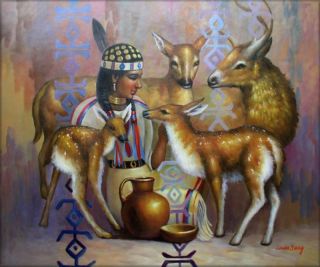 High Q Hand Painted Oil Painting Young Lady and Deer 24X20