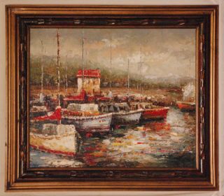 Large Vintage Style Harbor Scene Oil Painting 26 x31 inches with Wood