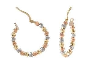 Solid 14k Tricolor Gold Diamond Cut Bead Hoop Earrings