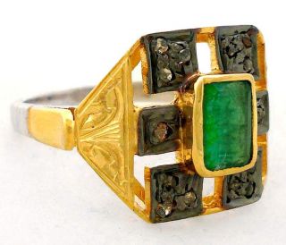 NATURAL GREEN EMERALD DIAMOND GOLD 925 STERLING SILVER RING Sz 9 A1530