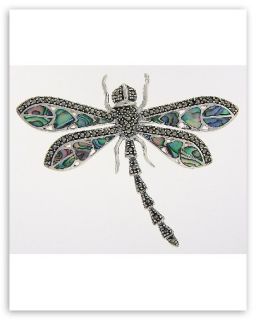 Abalone Marcasite Dragonfly Pin Pendant Sterling Silver