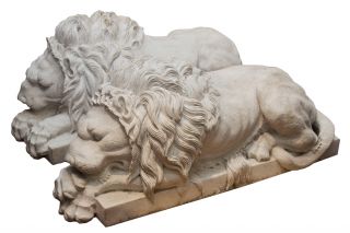 Pair Antique Marble Lion Sculptures After Antonio Canova