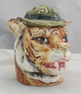 antique majolica lidded jar cat in hat named dick great condition jar