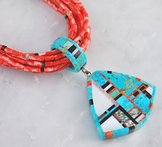 Christopher Neito Sterling Silver Turquoise & Coral Necklace Santo