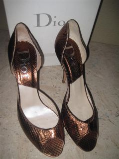  Dior Pewter Metallic Snake Leather DOrsay Heels Sz 37 5