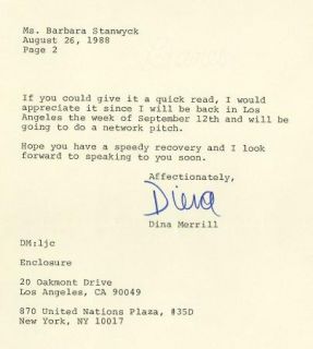 Dina Merrill Vintage 1988 Signed Typed Letter to Barbara Stanwyck