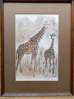 Mary Dinkins Texas Artist Original Signed Framed Print Giraffes