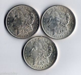  1921 Three Morgan Dollars Philadelphia Mint UNC