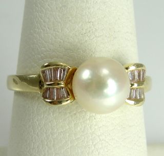 14k Yellow Gold Ring Cultured Pearl CZ Baguettes Size 7