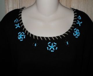 Designers Originals Sz L Black Knit Shirt Turquoise Beading 3 4