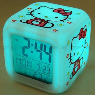 Hello Kitty Cute Cubic LCD Desktop Alarm Clock Thermometer Flash Glow