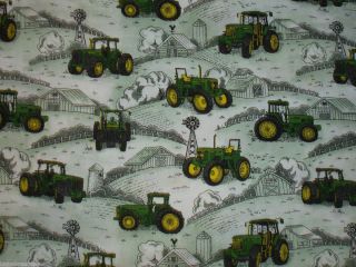 JOHN Deere green TRACTOR farm house WINDMILL cotton fabric SEW Your