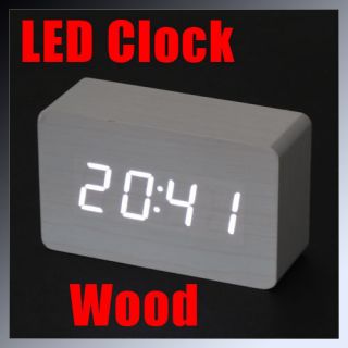  LED Wooden Wood Desktop USB AAA Digital Alarm Clock Night Light