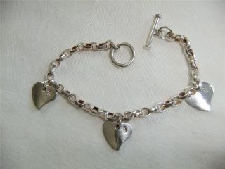 Vintage Sterling Silver 3 Sweet Heart Charm Bracelet Toggle Clasp 19