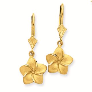 14k Gold Satin Diamond Cut Plumeria Dangle Leverback Earrings
