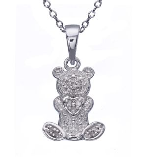  Silver .05ct Genuine Diamond Teddy Bear Charm Pendant 18 Necklace