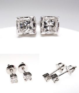 Estate Princess Cut Diamond Stud Earrings Screw Backs Solid 14k White