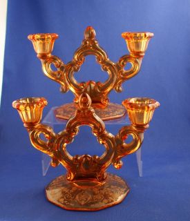  Cambridge Glass Company Amber Diane Keyhole Candlesticks 2 lite c.1930