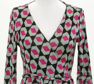 Diane Diane von Furstenberg Black Green & Pink Print Silk Wrap Dress