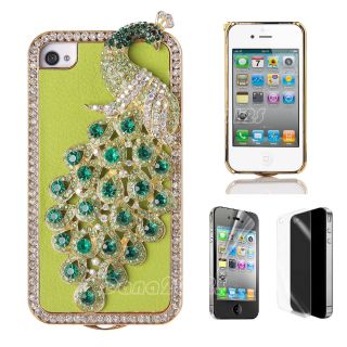 3D Peacock Bling Diamond Crystal PU Leather Case Cover for iPhone 4 4s
