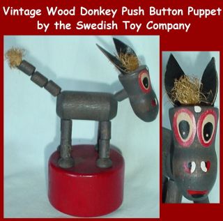 Vintage Wood Donkey Push Button Puppet by Swedish Toy Co 5 5 in Tall