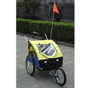 New 2in1 Double Kids Baby Bike Bicycle Trailer Stroller Jogger Yellow