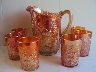 Carnival Imperial Marigold Windmill Pattern Pitcher 6 glasses