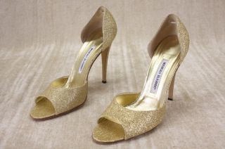 NIB Manolo Blahnik Gold Glitter dorsay peep Toe Pumps size 40 9.5 $