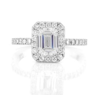  Emerald Cut Pave Diamond Halo Engagement Ring Set GIA 18k White Gold