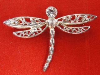 Premier Designs Silver Speedy Filigree Crystal Dragonfly Brooch Pin