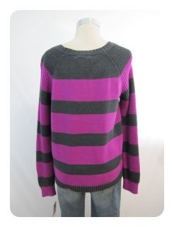 New DKNY Jeans Charcoal Magenta Striped Cotton Pullover Sweater XLarge