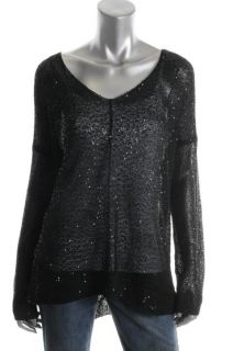 DKNYC New Black Sequined Knit V Neck Casual Pullover Sweater Top L