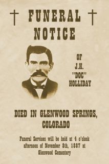 Doc Holliday Funeral Notice Old Wild West Poster Reprod