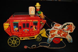 Vintage Fisher Price Red Wooden Stagecoach Pull Toy 175 Gold Star 1954