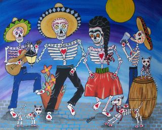 Julie Ellison DOD Mariachi Band Full Moon Mexican Folk Art Canvas ACEO